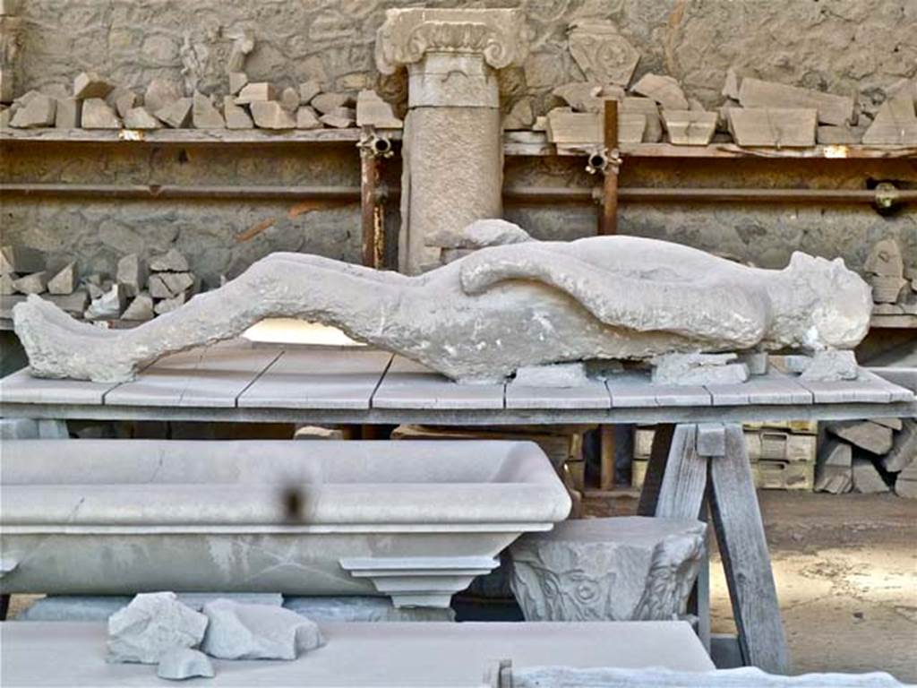 Victim 12. May 2011. Plaster cast of body in the Forum Granary Store VII.7.29. Photo courtesy of Michael Binns.