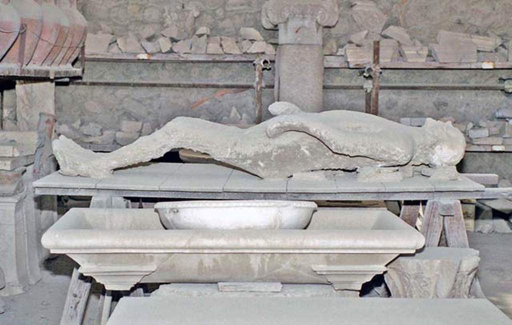 Victim 12. October 2001. Plaster cast of body in the Forum Granary Store VII.7.29. Photo courtesy of Peter Woods.