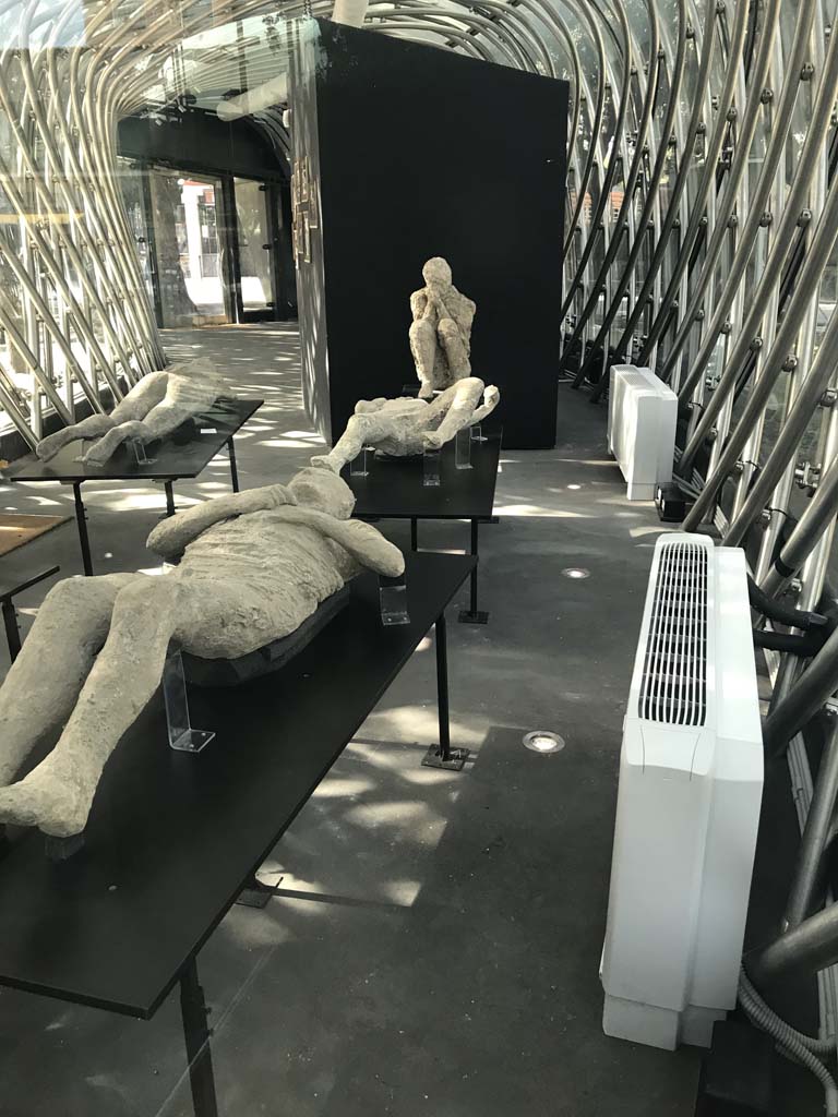 Pompeii. April 2019. General view of plaster-casts in the exhibition kiosk near Amphitheatre entrance.
Photo courtesy of Rick Bauer.
Left front, plaster-cast of victim 13, a man who was found in 1889 just outside the Stabian Gate.
He was described as lying on his back, wrapped in a cloak, and with his hands held as if protecting his chest.
His legs were slightly bent.

