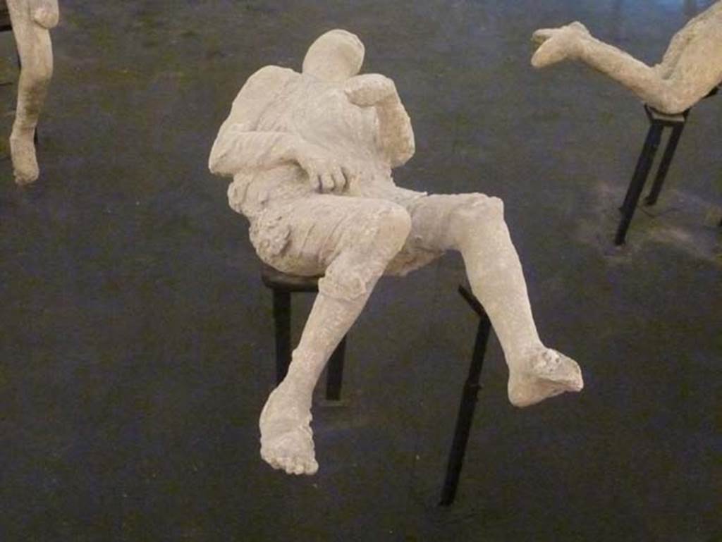 Pompeii, September 2015. Plaster cast of victim 15, found 12th March 1890 outside of the Porta Stabiana.
On display as an exhibit in the Summer 2015 exhibition in the amphitheatre.
According to NdS, 12th March 1890, following the excavation of the agger on the right going out from Porta Stabiana, at a distance of about 72 metres from the Gate, the imprint of a human body was found in the compacted layer of ash. Sig. Salvatore Cozzi directed the operation to cast the plaster-cast.
The reproduction was one of the best and most successful made up until that time.
The cast represented a young slim male, lying on his left side, wrapped in a cloak and with short pants that exposed his legs below the knee.
The sandal he was wearing was clearly seen on his right foot. 
Nothing more could be said of the left leg because this and the hand turned out badly. Height 1.55 metres. 
See Notizie degli Scavi di Antichità, 1890, p. 128.
See Dwyer, E., 2010. Pompeii’s Living Statues. Ann Arbor: University of Michigan Press. (p.107 and fig.48).

Radiographic, DNA and histological examinations have been made.
The victim is a male probably of 18 to 20 years of age.
The imprints of different clothing (a large, heavier long-sleeved tunic over a lighter underwear) can be seen in detail on the entire body of the victim; on the right foot a light sandal with strips probably made of leather fixed by nails is clearly visible.
The victim wore a ring on the right hand.
See Osanna, N., Capurso, A., e Masseroli, S. M., 2021. I Calchi di Pompei da Giuseppe Fiorelli ad oggi: Studi e Ricerche del PAP 46, p. 353, Calco n. 15.

