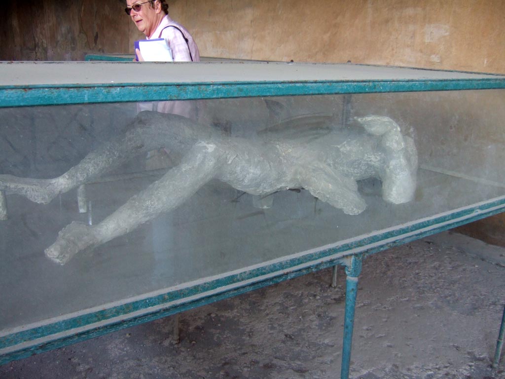 Victim 24. May 2006. I.6.2 Pompeii. Plaster cast of victim number 24 found in the vicolo between I.6 and I.10, south of the eastern section of the wall of I.6.2 the Casa del Criptoportico in May 1915. 
See Notizie degli Scavi di Antichità, 1915, p.288.   

