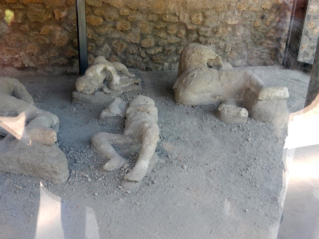 I.21.6 Pompeii. May 2016. Plaster cast of victim 38 (right), victim 37 (front), victim 36 (rear) and victim35 (left). Photo courtesy of Buzz Ferebee.