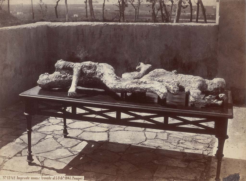 Victims numbered 2 (left) and 3 (behind right). G Sommer photo no. 1242. Note: Date is given as 5th Feb 1863. Photo courtesy of Eugene Dwyer.
In his description of these plaster-casts in his Guida di Pompei, 1877, Fiorelli described –
“Two women [nos. 2 and 3], one next to the other. The older resting on her side; the younger face down, with her face in her arm. 
(Reg.VII, Insula XIV, via quarta).”
See Fiorelli, Guida di Pompei, [Rome, 1877,] p.88-89. 
See Dwyer, E., 2010. Pompeii’s Living Statues. Ann Arbor: Univ of Michigan Press, (p.94).

According to Maiuri, these plaster-casts were badly mutilated during the 1943 bombing of the antiquarium –
“Among the rubble, there surfaced broken fragments of the cases and, lying in ruin, contorted and mutilated, like the victims of the recent catastrophe, the casts of the dead of two millennia ago, the victims that the lapilli and cenere of the eruption of 79 had reverently contained and that a more inhuman violence had mutilated and dishonoured in violating their sacred peace of the dead.”
According to Dwyer, - 
“Most of the contents of the museum were beyond repair. Fiorelli’s original casts of 1863 were destroyed. Aside from conserving those of the earlier casts that could be salvaged, Maiuri added to the museum only one of the casts made during his long superintendency: the cast of a muleteer.”
See Dwyer, E., 2010. Pompeii’s Living Statues. Ann Arbor: University of Michigan Press. (p.121).

