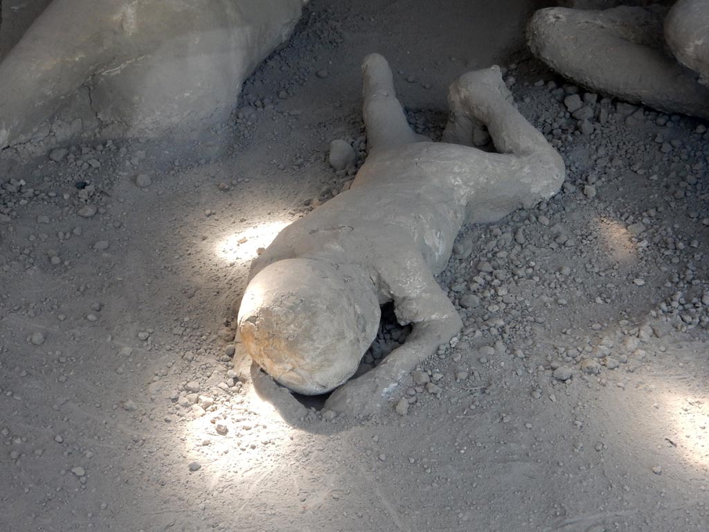 I.21.6 Pompeii. May 2016. Detail of plaster cast of the impression of a body. Victim 40. Photo courtesy of Buzz Ferebee.
Victim 40 is a child aged under 6 years.
The body was found on 27th April 1961, located about 3m, towards the north-east, from the group with victim 39. 
Perhaps some traces of drapery can be seen on the neck and abdomen.
See Osanna, N., Capurso, A., e Masseroli, S. M., 2021. I Calchi di Pompei da Giuseppe Fiorelli ad oggi: Studi e Ricerche del PAP 46, p. 416-7, Calco n. 40.
