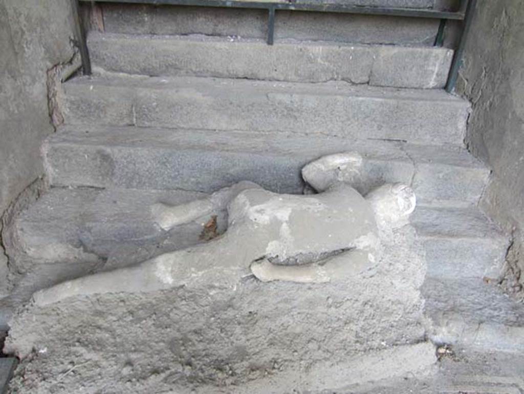 VII.16.17-22 Pompeii. May 2012. Plaster cast of victim 49 at foot of staircase. Photo courtesy of Marina Fuxa.