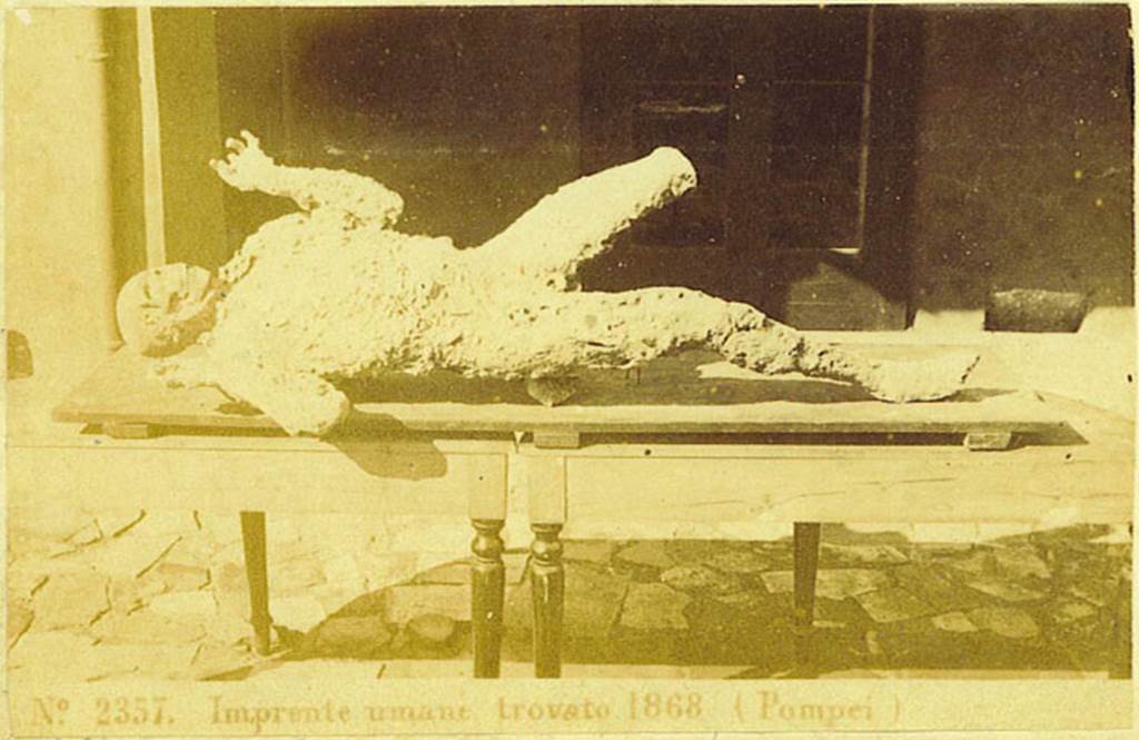 Plaster-cast of victim 5, 1868, Photo: G. Sommer no. 2357.
See Dwyer, E., 2010. Pompeii’s Living Statues. Ann Arbor: Univ of Michigan Press, (p.94).

