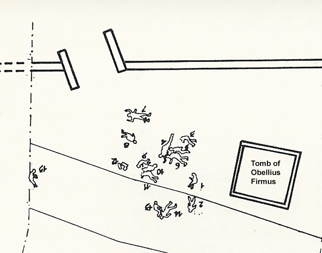 NGOF Pompeii. 1979. Plan of location of 15 bodies found by the tomb of Obellius Firmus. Plan after Stefano De Caro.
Victim 60 is number 12.
See De Caro S., 1979. Scavi nell’area fuori Porta Nola a Pompei: Cronache Pompeiane V, (p. 62, fig. 1). 


