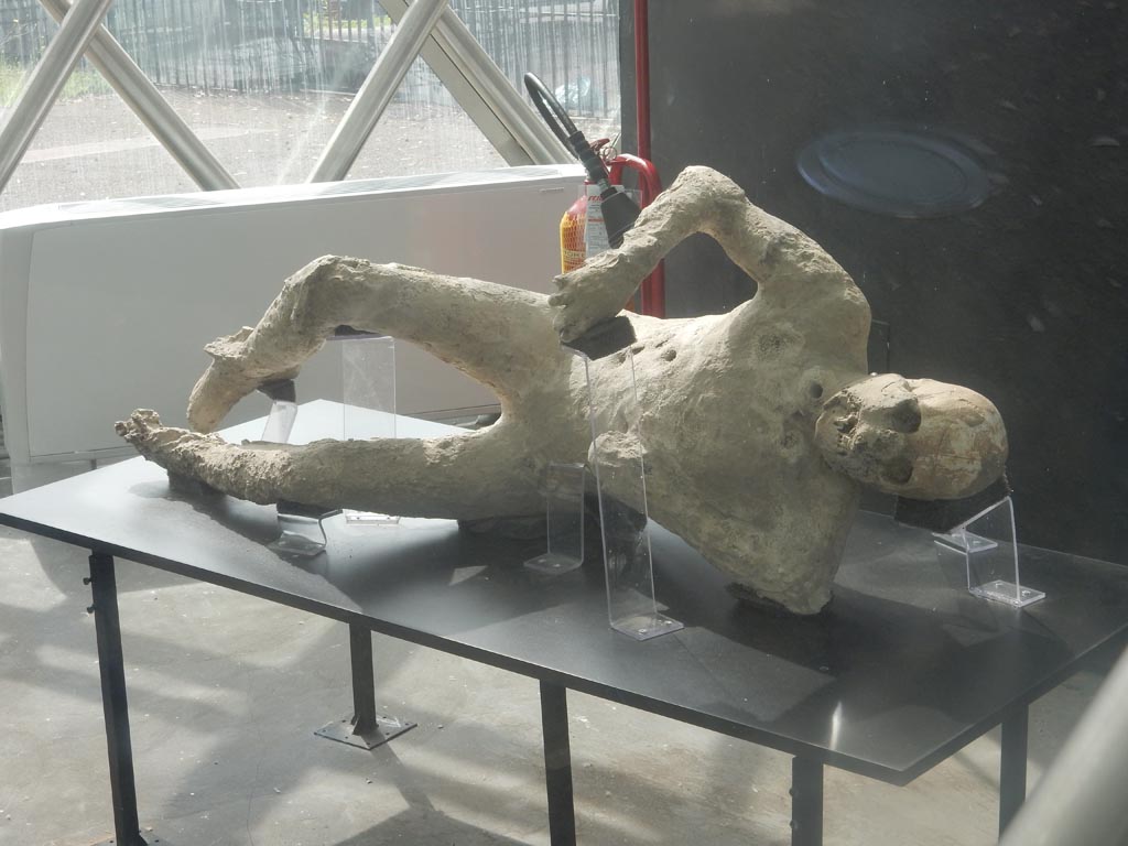 Victim 64. Cast of victim found outside the Porta Nola between the 28th of July and the 2nd of August 1978.
Photographed in the Piazza Anfiteatro display area May 2018. Photo courtesy of Buzz Ferebee.
Victim 64 is a male, probably aged 13 to 19 years.
The body was found outside the Porta Nola, near the tomb of M. Obellius Firmus, between the 28th of July and the 2nd of August 1978.
The imprint of the clothing is distinguishable on the left side and perhaps on the legs.
See Osanna, N., Capurso, A., e Masseroli, S. M., 2021. I Calchi di Pompei da Giuseppe Fiorelli ad oggi: Studi e Ricerche del PAP 46, p. 469-471, Calco n. 64.

