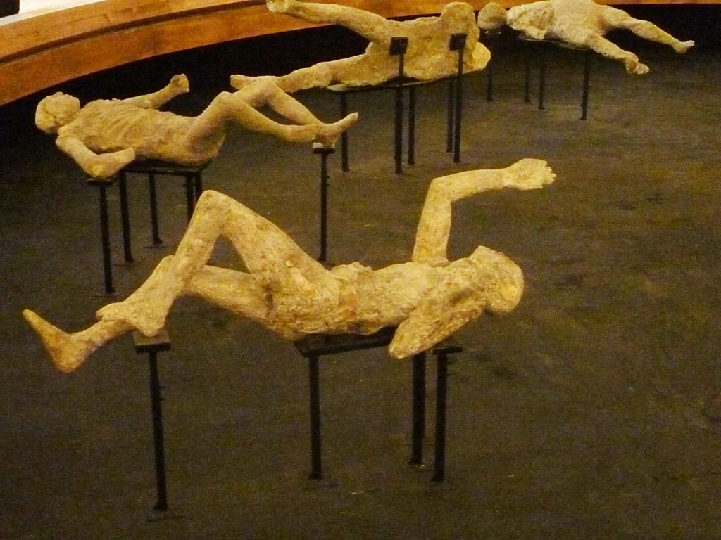 Victim 79. Cast of the running man from the Palaestra? September 2015. View of left side. On exhibition in the amphitheatre.