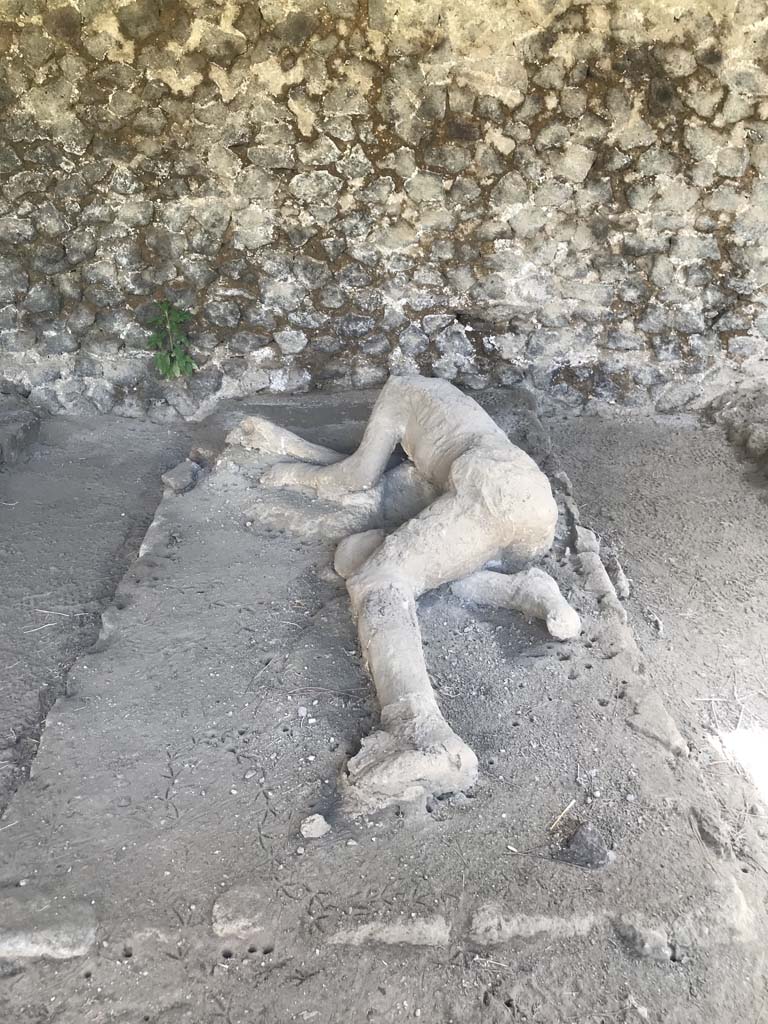 Victim 32. Pompeii, outside Porta Nocera. April 2019.  
Plaster cast of remains of a third fleeing victim found 16th March 1957. 
There were traces of thin fabric around the waist, on the buttocks and something similar to rolled up drapery on the left thigh and right arm. 
Perhaps traces of a sandal around the left foot.
Photo courtesy of Rick Bauer.

