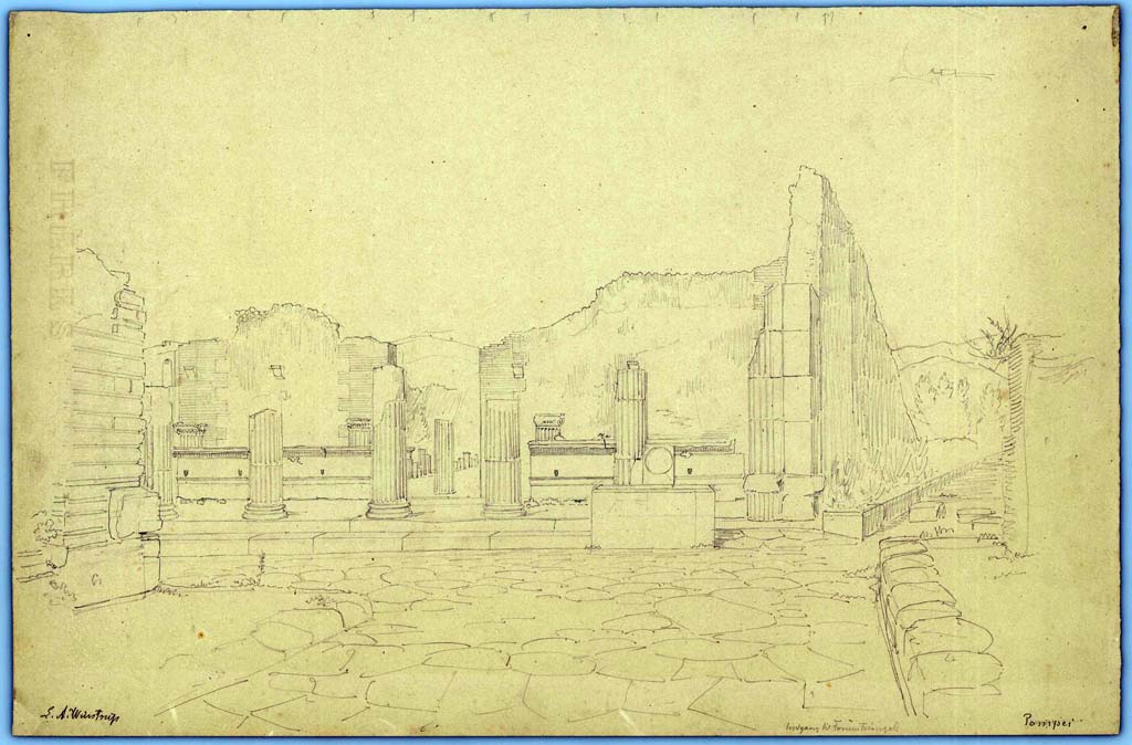 Fountain outside VIII.7.30 Pompeii. 1849. Drawing by Laurits Albert Winstrup. 
Looking south in Via dei Teatri, towards fountain and entrance to Triangular Forum.
Photo  Danmarks Kunstbibliotek, inventory number ark_6092.
