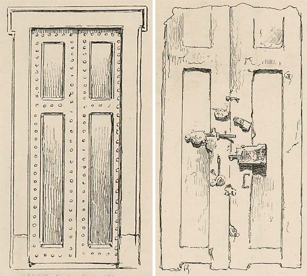 On the left, modern wooden reconstruction of a doorway, drawn by Gusman, on display on the rear wall of Room 1 of the Antiquarium, before the 1943 bombing. This clearly showed the iron studs/nails and architrave of a typical Pompeian door with two shutters.
On the right, provenanced from I.3.24, drawn by Gusman, a plaster cast of the rear portion of the entrance doorway with two shutters (leafs), half closed, with lock, door-bolt, hinge and iron doorlock, and on display in the Antiquarium prior to the 1943 bombing.
See Gusman P., 1899. Pompei: La Ville, Les Moeurs, Les Arts. Paris: Socit francaise d'ditions d'art, (p.291).
See Dwyer, E., 2010. Pompeiis Living Statues. Ann Arbor: Univ of Michigan Press. (p.29)
See Garcia y Garcia, L., 2006. Danni di guerra a Pompei. Rome: LErma di Bretschneider, (p.184, fig.428 and 427).
