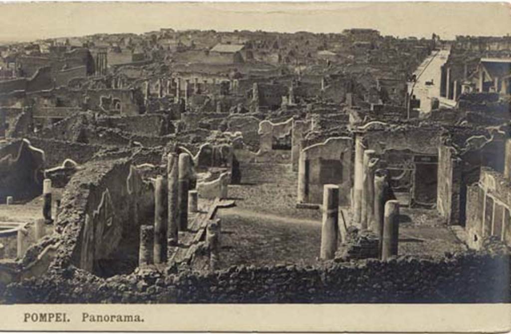 I.4.25 Pompeii. Old undated postcard. Photo courtesy of Drew Baker. Looking west across upper peristyle, with middle peristyle on the left. In the top right is the Via dellAbbondanza leading to the Forum. 
