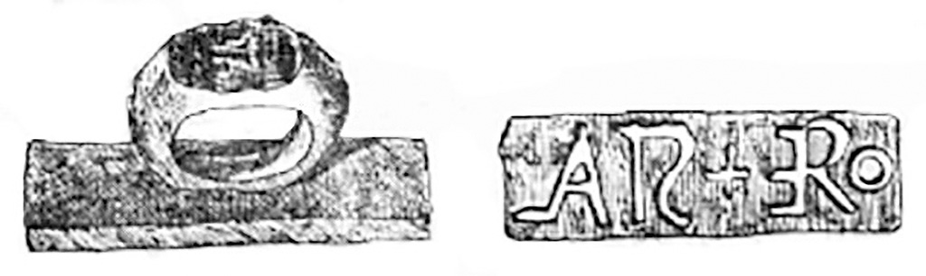 I.6.13 Pompeii. 1929. Seal found between the tablinum and the podium of the small garden. 
The drawing from NdS shows rectangular tablet, with a ring grip on the back. 
On the ring grip is a representation of a theatrical mask.
On it is the inscription STAL ERO, which Maiuri expands to Stal(lius) Ero(s).
According to Maiuri, this seal from the rubble of the house gives the name of the last owner, Stallius Eros, who lived here, before the [..earthquake?] disaster of 63 reduced the house to a heap of ruins.
See Notizie degli Scavi di Antichit, 1929, p. 435, figs. 46-7.
