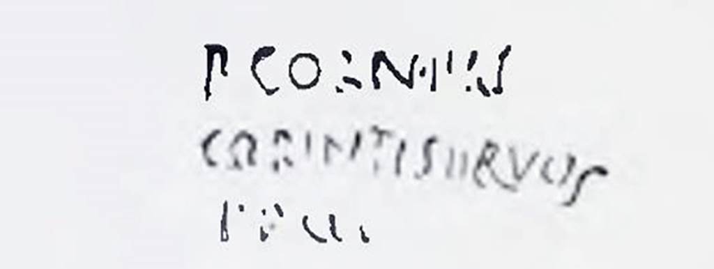 I.7.2 Pompeii. Drawing of inscription written below the handle in the fresh clay on the terracotta vase.
In NdS 1927 Maiuri interpreted this as
"P. Corneli Corinti servos fecit"
See Spinazzola, V. Pompei, alla luce degli Scavi Nuovi di Via dellAbbondanza (Anni 1910-1923), Vol.2, (p.687, fig.651).
See Notizie degli Scavi di Antichit, 1927, (p. 12).
See also I.7.4
