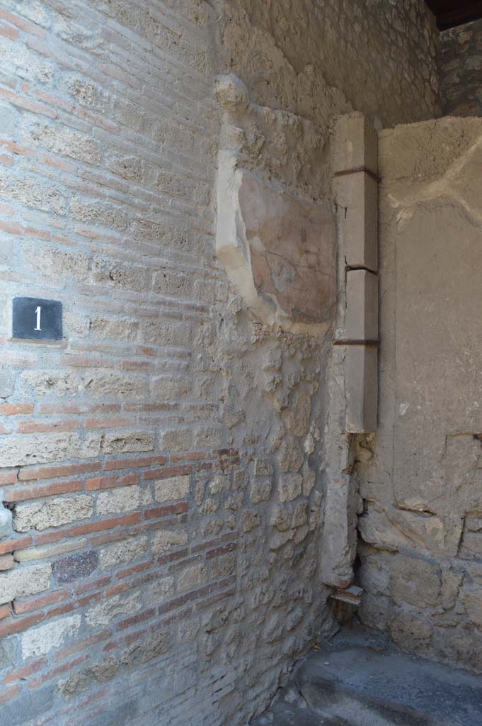 I.9.1 Pompeii. October 2017. 
East wall of entrance vestibule, with detail of wall painting of Hercules and Mercury.
Foto Taylor Lauritsen, ERC Grant 681269 DCOR.
