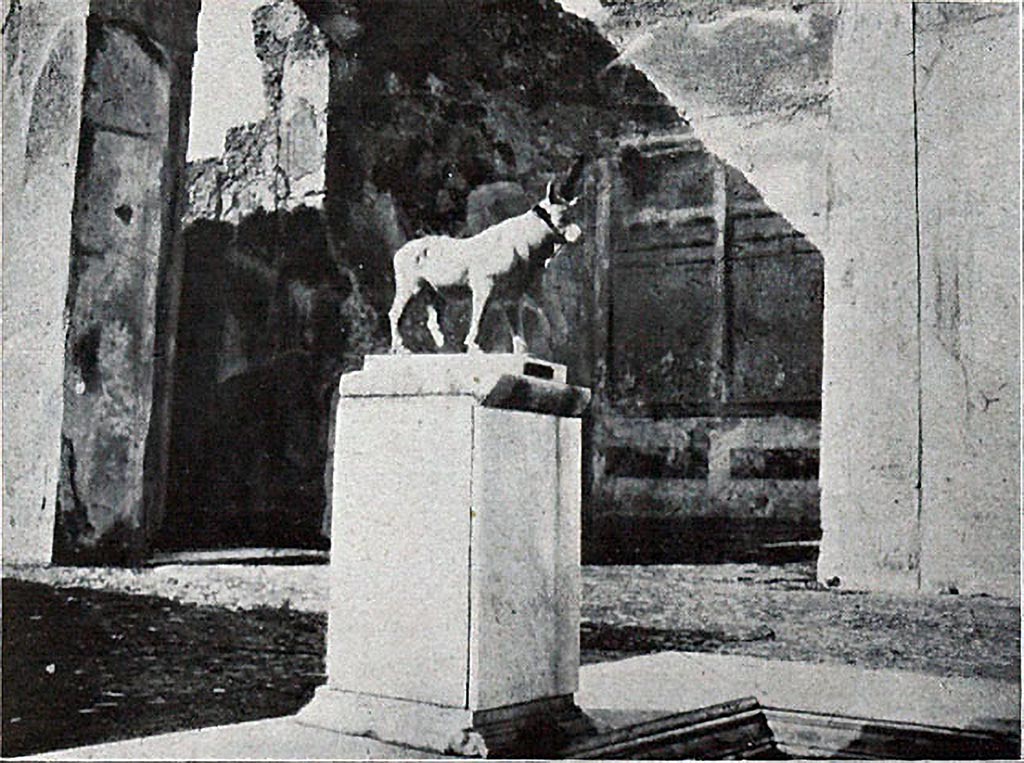 V.1.7 Pompeii. 1906. Room 1, atrium. Pedestal on impluvium with bronze bull. 
See Thedenat, H., 1906. Pompei Histoire Vie Privee. Paris : Renouard, (p. 66, Fig. 33).
