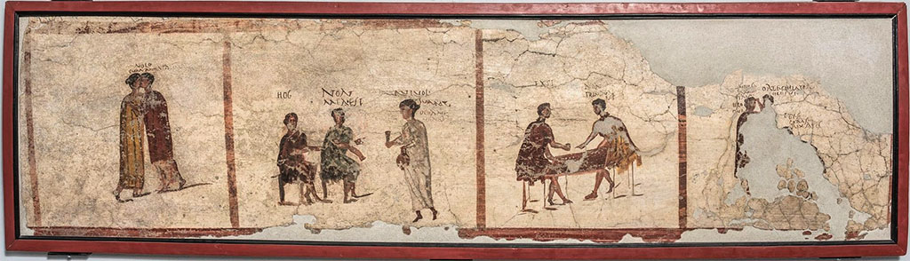 VI.14.36 Pompeii. Four frescoes set in a white panel above a red dado on the north wall.
Now in Naples Archaeological Museum. Inventory number 111482.
