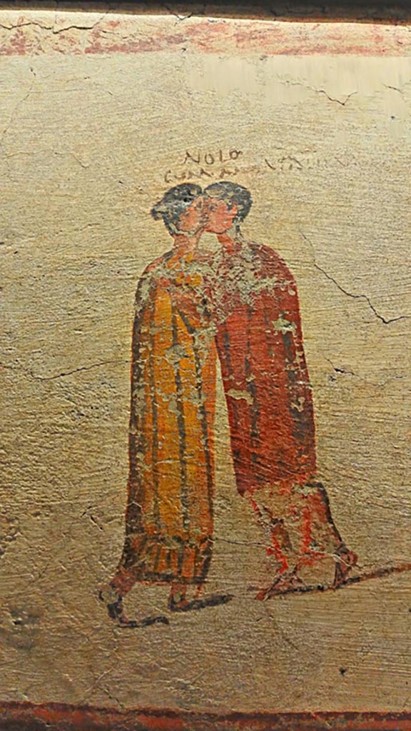 VI.14.35/36 Pompeii. June 2017. Fresco of a man and a woman kissing, from the north wall.
On display in Naples Archaeological Museum, photo courtesy of Giuseppe Ciaramella. 
