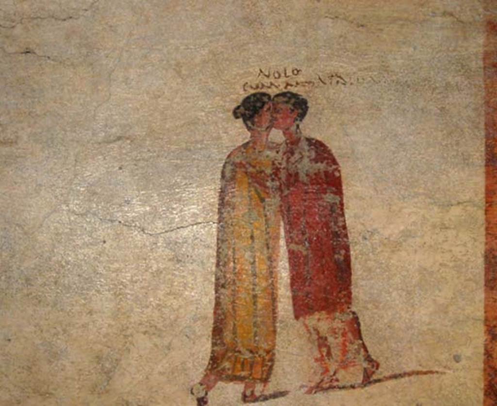 VI.14.35/36 Pompeii. May 2003. Fresco of a man and a woman kissing, from the north wall. Photo courtesy of Nicolas Monteix. Now in Naples Archaeological Museum.  Inventory number 111482.
According to Berry, the man says “I don’t want to do it with Myrtale”.
See Berry, J., 2007. The Complete Pompeii. London, Thames & Hudson, (p.231-2)

According to Epigraphik-Datenbank Clauss/Slaby (See www.manfredclauss.de), this is part of CIL IV 3494;

Nolo
cum murtal[3]so[ //      [CIL IV 3494 part]

