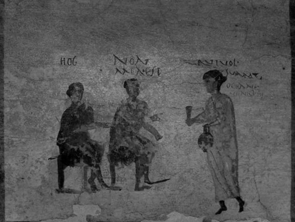 VI.14.35/36 Pompeii. May 2003. Fresco of a scene of drinkers, from the north wall. Photo courtesy of Nicolas Monteix.  Now in Naples Archaeological Museum.  Inventory number 111482.
According to Berry, a man calls to a bar maid “Over here” and another man on the right says “No its mine” and the bar maid says 
“Whoever wants it should take it.  Oceanus come here and drink”.
See Berry, J., 2007. The Complete Pompeii. London, Thames & Hudson, (p.231-2)

According to Epigraphik-Datenbank Clauss/Slaby (See www.manfredclauss.de), this is part of CIL IV 3494;

Hoc

Non
mia est

Qui vol(et)
Sumat
Oceane
veni bibe //      [CIL IV 3494 part]
