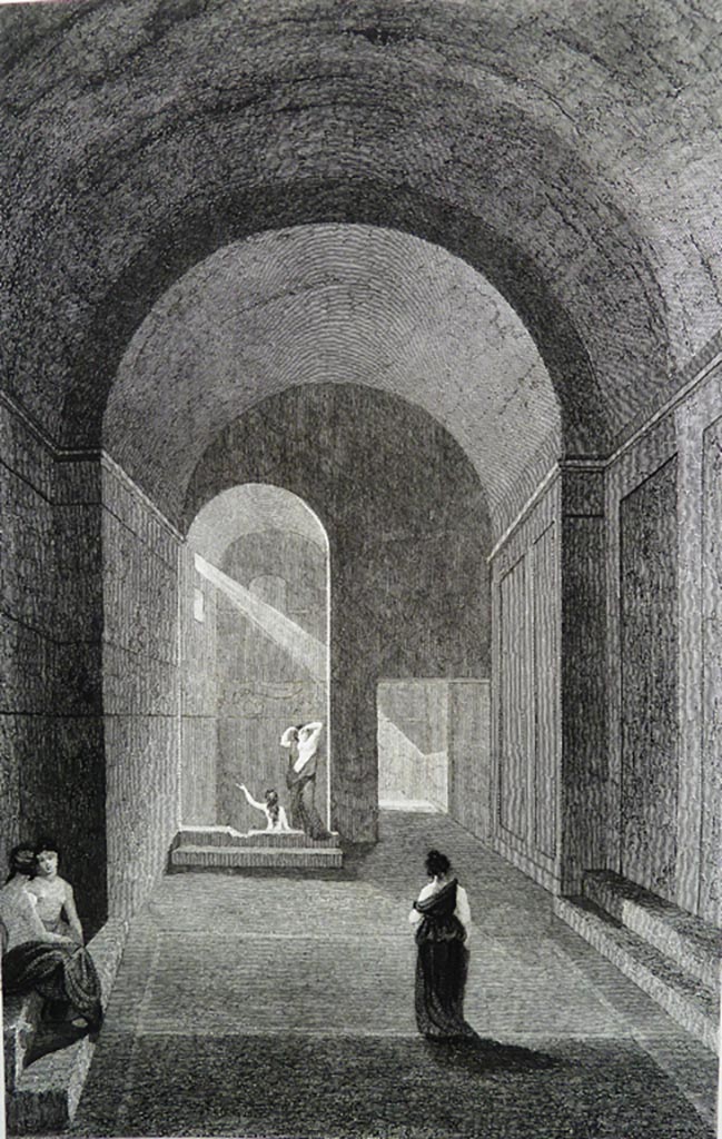 VII.5.8 Pompeii. Pre 1836 drawing by Gell.
Drawing by Gell of the changing room (46) with the Frigidarium, benches 47 and Piscina of the women’s baths. (48).  
Looking north across changing room 46, towards Piscina 48, on left, with square doorway to corridor 45, on right.
Gell wrote –
“In this plate is represented a chamber with its roof entire which is supposed to be the thermae of the women.
The darkness here observable, perhaps, may lead us to suppose that the other apartments were by no means well lighted when the roofs were perfect. A figure is represented as in the piscina, or natatio, to show its existence. The bench on the left, which appears so much out of true perspective, is really so placed on the spot……………., etc.”
See Gell, W and Gandy, J., 1880. Pompeii, its destruction and re-discovery. New York: Worthington.

