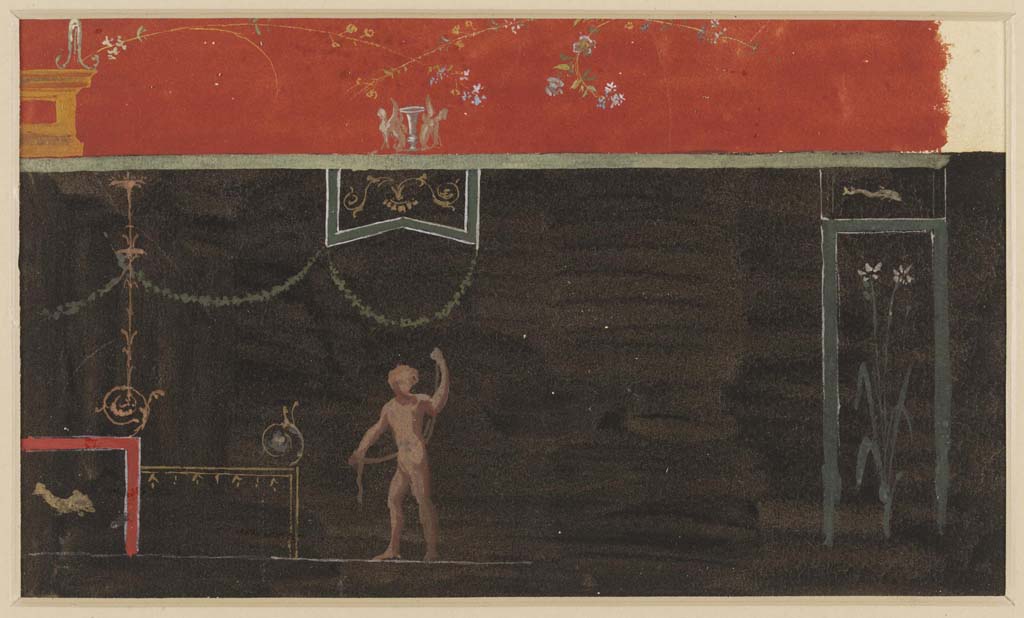 VII.7.5 Pompeii. Undated watercolour by Luigi Bazzani. 
This painting of a black zoccolo may or may not also be from a wall in the atrium.
Photo © Victoria and Albert Museum. Inventory number 2038-1900.
