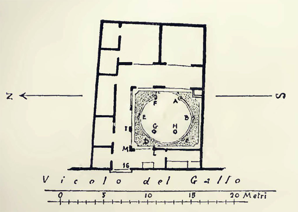 VII.7.16 Pompeii. 1932. Plan drawn by Ingegnere L. Jacono.
See Van Buren, A. W. 1932. Further Pompeian Studies in Memoirs of American Academy in Rome, vol.10, 1932, Pl.1,1. (p.10-13 below).
