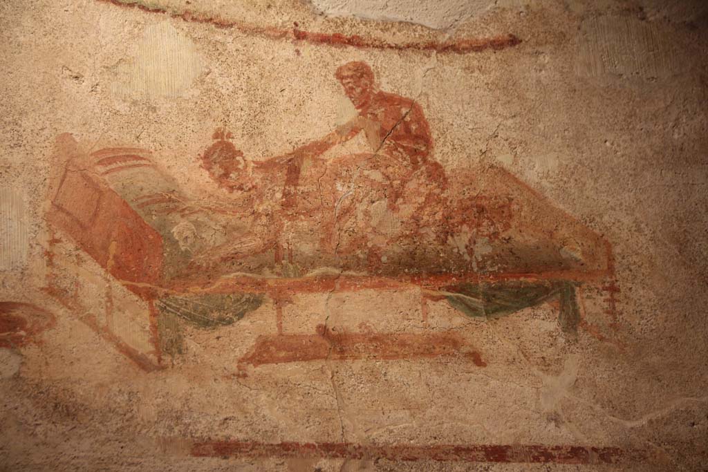 VII.12.18 Pompeii. April 2014. Painted erotic wall fresco on frieze. Photo courtesy of Klaus Heese.