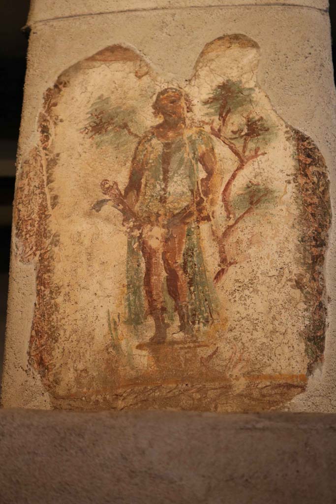 VII.12.18, Pompeii. December 2018. 
Wall painting of Priapus in front of a fig tree, with double phallus, from the upper frieze in the middle of the north wall.
Photo courtesy of Aude Durand.
