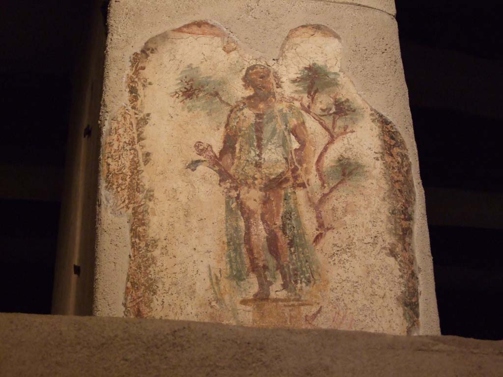 VII.12.18 Pompeii. December 2006. 
Wall painting of Priapus in front of a fig tree, with double phallus, from the upper frieze in the middle of the north wall.
