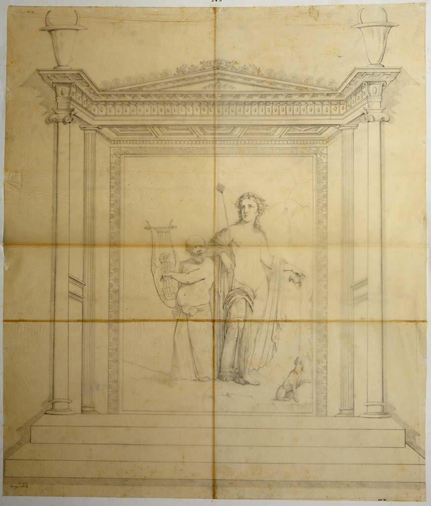 VIII.3.4 Pompeii. Drawing by Giuseppe Abbate of painting of Bacchus with Silenus playing the lyre.
According to the ICCD scheda for this drawing it is from VIII.3.2 and was cut out and is now in Naples Museum (9269).
The drawing in the centre is however reversed from ADS 862.
Now in Naples Archaeological Museum. Inventory number ADS 861.
Photo © ICCD. http://www.catalogo.beniculturali.it
Utilizzabili alle condizioni della licenza Attribuzione - Non commerciale - Condividi allo stesso modo 2.5 Italia (CC BY-NC-SA 2.5 IT)
