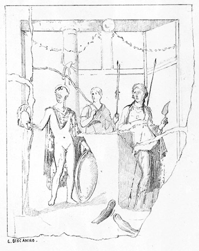 IX.7.16 Pompeii. East wall of cubiculum on south side of atrium. 
Drawing by Discanno, sometimes identified as Thetis and Achilles, sometimes as Dido and Aeneas.
DAIR 83.307. Photo © Deutsches Archäologisches Institut, Abteilung Rom, Arkiv.  
See http://arachne.uni-koeln.de/item/marbilder/5343205

