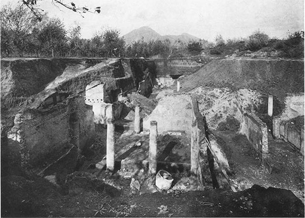 Villa of P. Fannius Synistor at Boscoreale. The excavations in mid September 1900.
Most of the villa had by then been newly buried again. 
Corridor C is far right, leading to peristyle E. Room D is to the left of C and then room 24 to its left.
According to Barnabei, the whole building was the owners house, except a portion (room 24) to the left of the entrance, which was used for the business.
The main entrance of the villa was approached by a flight of five broad steps of Vesuvian lava. 
These were on the north side of a small peristyle/colonnaded forecourt [A] which was only partly excavated.
See Barnabei F., 1901. La villa pompeiana di P. Fannio Sinistore. Roma: Accademia dei Lincei. Tav. XI.
