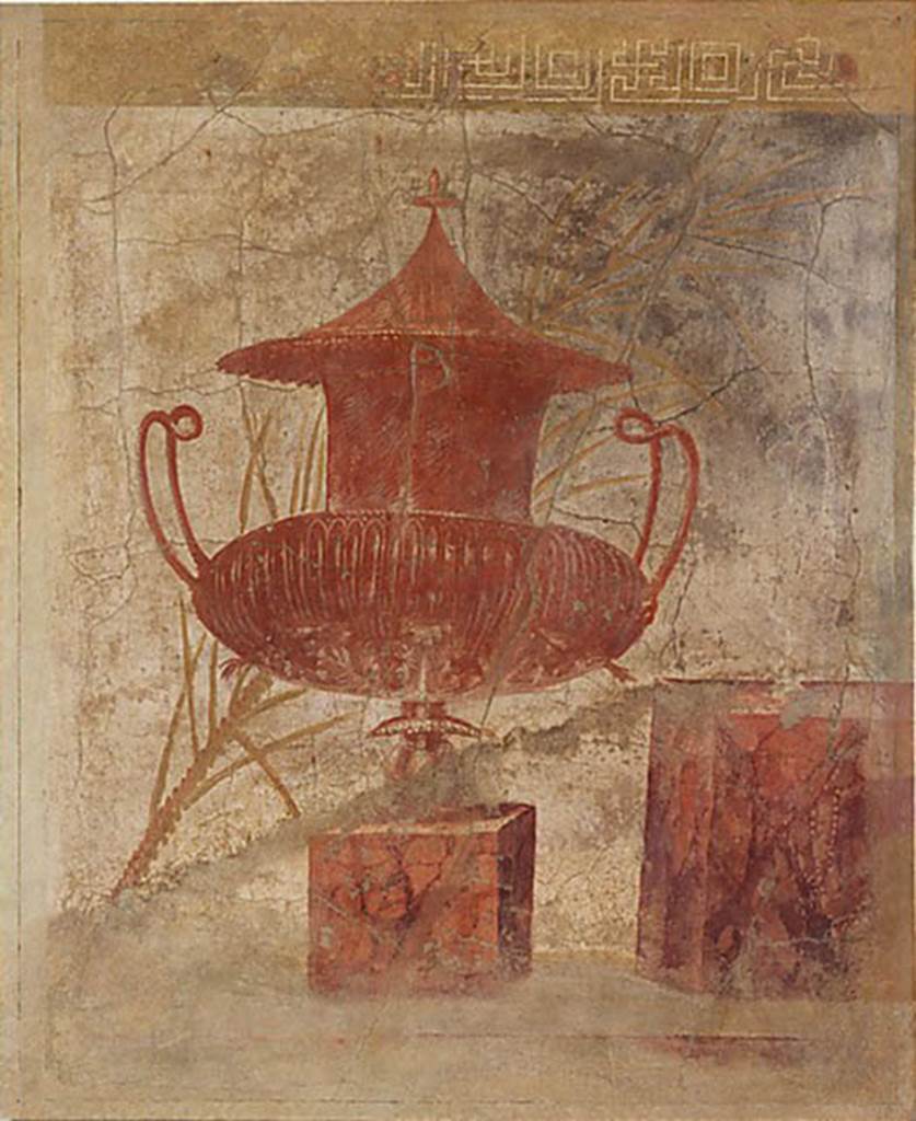 Villa of P Fannius Synistor at Boscoreale. Peristyle E, west end of north wall. Wall painting of vase on a marble block with palm fronds behind. The background was originally black but has faded. Photo  The Metropolitan Museum of Art, Rogers Fund 1903.  Inventory number 03.14.3. See www.metmuseum.org. According to Sambon, this panel shows a competition prize, a large vase with two handles and a broad grooved body (plemochoe). It is painted in orange red, on a base imitating reddish marble. Behind is a palm. Right is an other base on which rests a silver Ewer, very elegant form. Length: 1.18m; height: 1.47m. See Sambon A, 1903. Les Fresques de Boscoreale. Paris and Naples: Canessa. 8, p. 9.