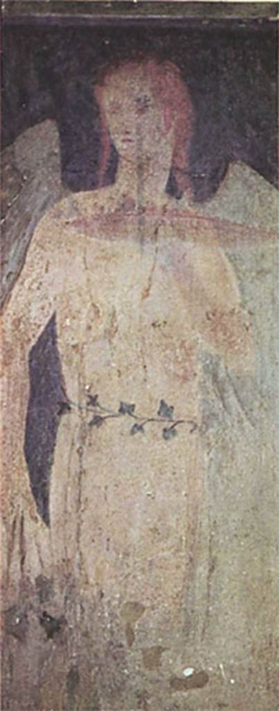 Villa of P Fannius Synistor at Boscoreale. c.1970. Peristyle E, north wall. Winged female guardian figure from east side of the doorway to room H. Now in the Allard Pierson Museum Amsterdam. The fresco was severely damaged after 75 years of display, but has now been restored (2011) and cleaned. The old retouches were removed and a new structure was added for support. According to Sambon, this panel had the genius like the previous one, looking from the opposite side of the doorway and having its eyes fixed, too, on those who entered the triclinium. She has a band of Ivy around the chest, and her plate is loaded with fruit. Length: 0. 38m; Height: 1. 03m. See Sambon A, 1903. Les Fresques de Boscoreale. Paris and Naples: Canessa. 11, p. 9.