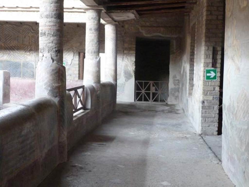 Oplontis, September 2015. Room 32, looking south along the west side of the peristyle towards doorway to room 36.