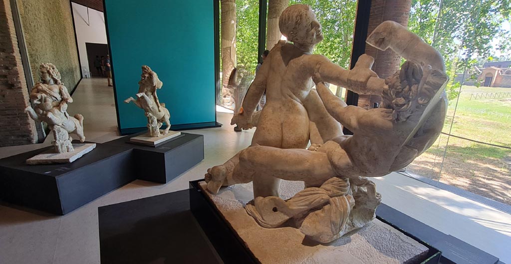Oplontis Villa of Poppea, April 2022.
Statues from Oplontis, two of the Centaurs and Hermaphrodite statue, on display in exhibition in Palaestra at Pompeii.
Photo courtesy of Giuseppe Ciaramella.
