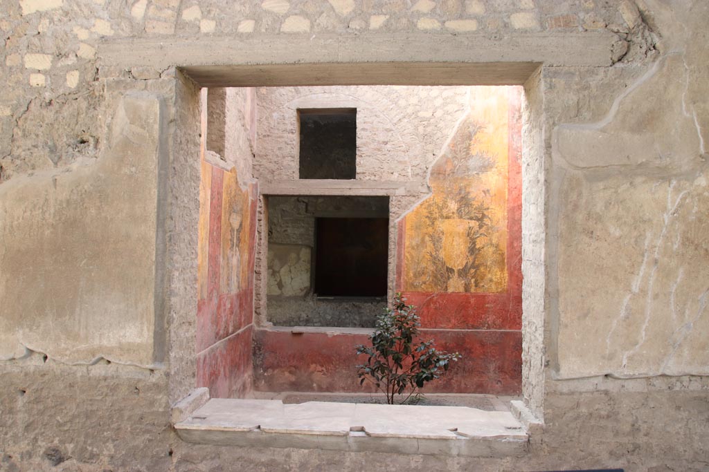 Oplontis Villa of Poppea, October 2022. Room 69, south wall with window to room 68. Photo courtesy of Klaus Heese. 

