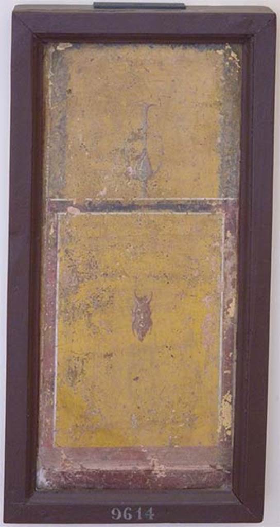 Stabiae, Villa Arianna, found 3rd January 1761. Room E, painting of compartment with a mask of Pan and kantharos above.
Now in Naples Archaeological Museum. Inventory number 9614.
See Sampaolo V. and Bragantini I., Eds, 2009. La Pittura Pompeiana. Electa: Verona, p. 476.
