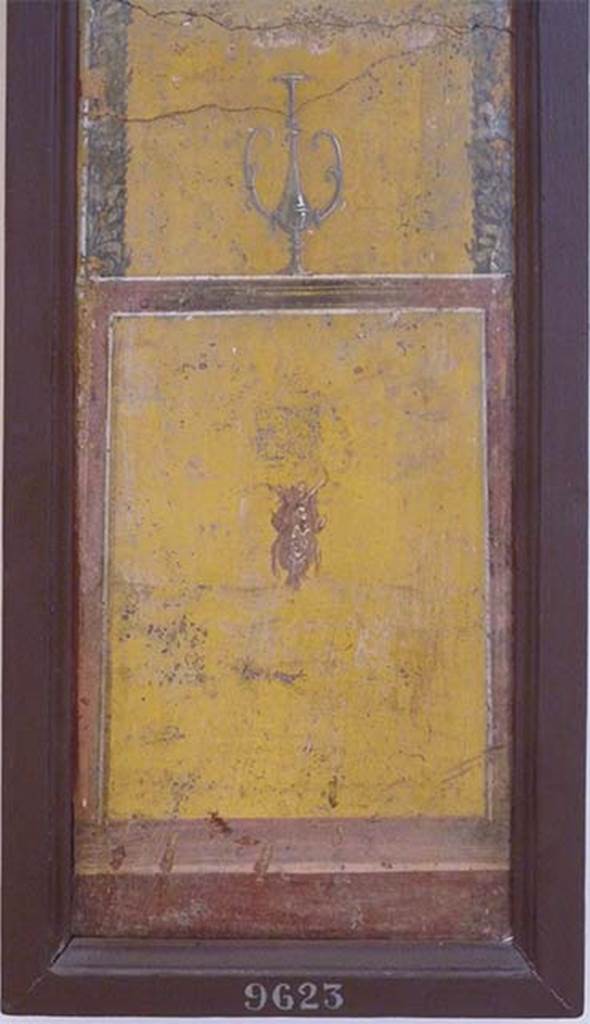 Stabiae, Villa Arianna, found 3rd January 1761. Room E, painting of compartment with a mask of Pan and kantharos above.
Now in Naples Archaeological Museum. Inventory number 9623.
See Sampaolo V. and Bragantini I., Eds, 2009. La Pittura Pompeiana. Electa: Verona, p. 476.
