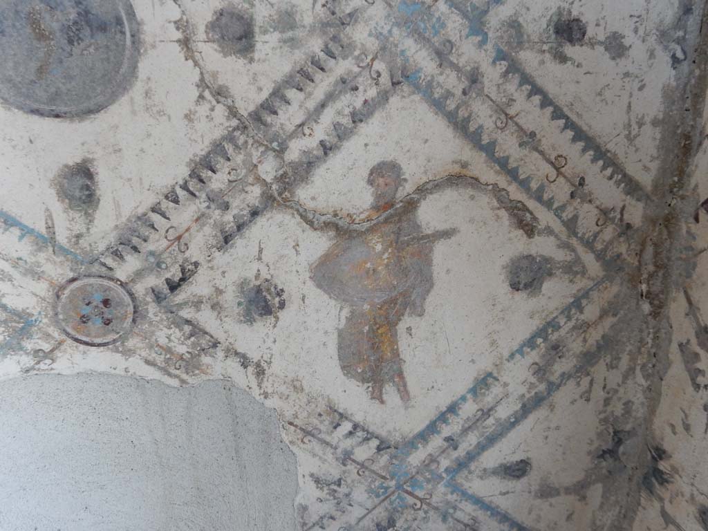 Stabiae, Villa Arianna, June 2019. Room 9, detail from painted panel at west end of south wall. Photo courtesy of Buzz Ferebee.