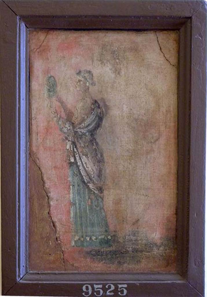 Stabiae, Villa Arianna, found 18th September 1761. Atrium, wall painting of elegantly dressed woman with mirror.
Now in Naples Archaeological Museum. Inventory number 9525. 
See Sampaolo V. and Bragantini I., Eds, 2009. La Pittura Pompeiana. Electa: Verona, p. 446.
