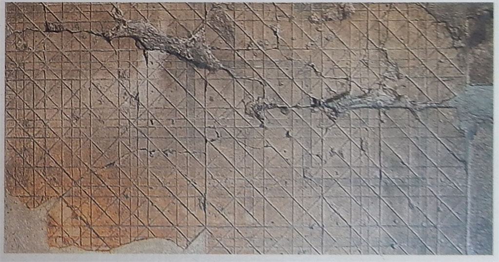 Stabiae, Villa Arianna, June 2019. Room 18, preliminary design in sinopia of mosaic floor in tablinum as shown on atrium information board. 
Photo courtesy of Buzz Ferebee.
