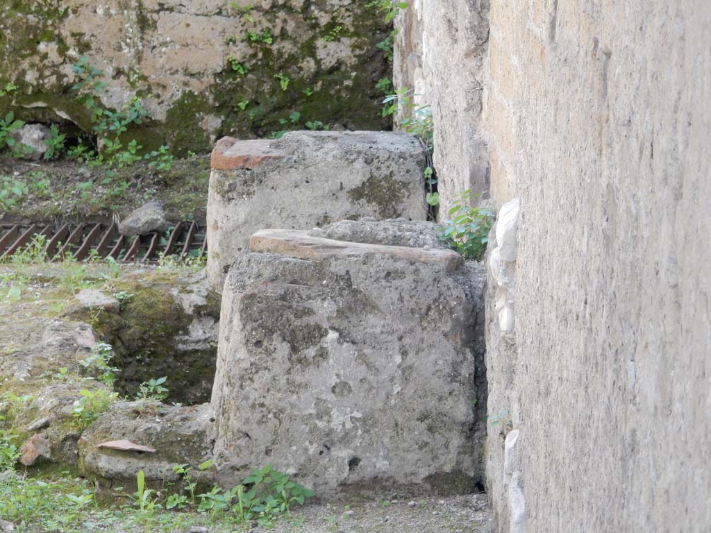 Stabiae, Villa Arianna, June 2019. 
Structure against wall of Villa Arianna in small alleyway between Villa Arianna on right and Secondo Complesso (Villa B) on the left.
Photo courtesy of Buzz Ferebee.
