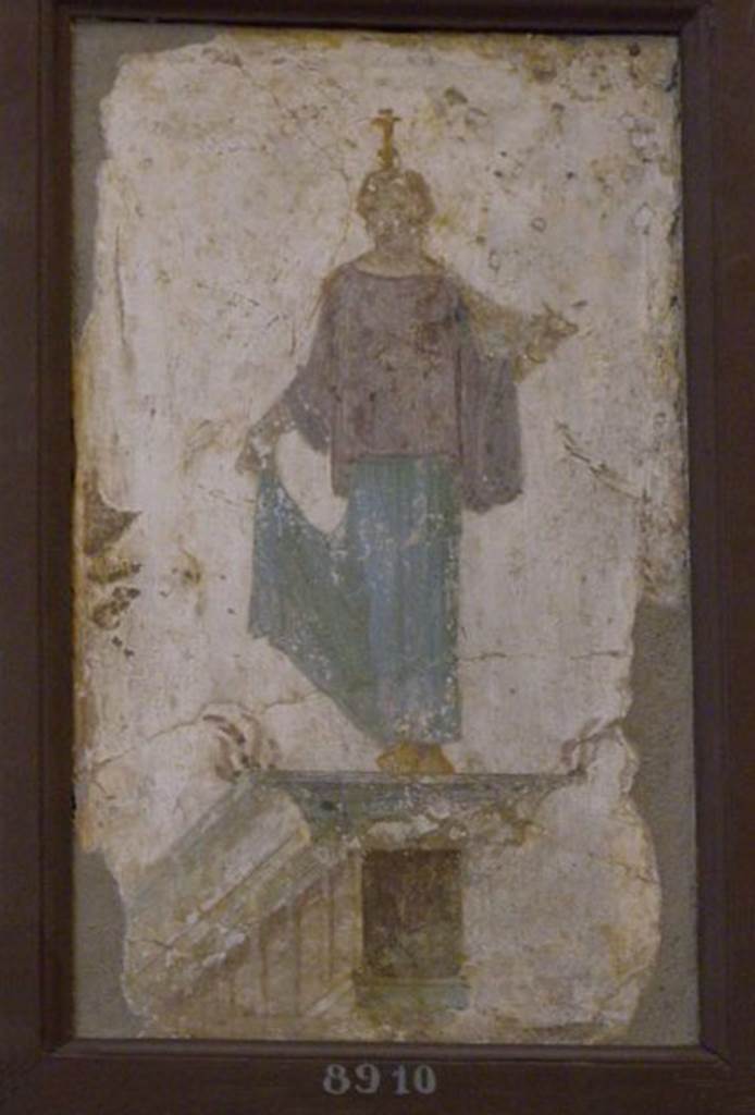 Stabiae, Villa Arianna, found 16th July 1759. Room W.24. 
Wall painting of a caryatid wearing a green/blue and violet peplum (long Greek style dress, down to the ankles) and gold shoes.
She has her hair tied back and a candelabra in the form of a flower on her head.
She stands at the extremity of an architectural feature.
From upper wall of the same room as inventory number 8521. 
Now in Naples Archaeological Museum. Inventory number 8910.
See Sampaolo V. and Bragantini I., Eds, 2009. La Pittura Pompeiana. Electa: Verona, p. 487.
See Pagano, M. and Prisciandaro, R., 2006. Studio sulle provenienze degli oggetti rinvenuti negli scavi borbonici del regno di Napoli.  Naples: Nicola Longobardi, p. 243. 
