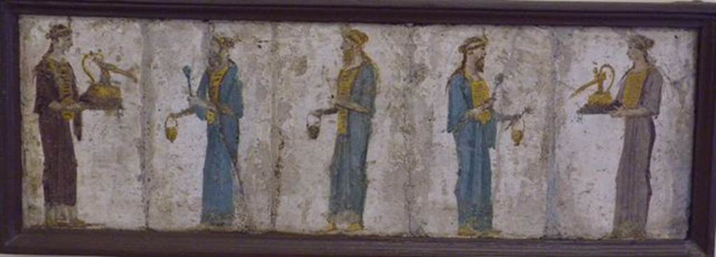 Stabiae, Villa Arianna, found 16th June 1759. Room W.25. Wall painting of priests and priestesses.
According to Grasso, this was found in Room 25, a cubiculum, on the 16th June 1759.
Now in Naples Archaeological Museum. Inventory number 8972.
See Bragantini, I. and Sampaolo, V., Eds, 2009. La Pittura Pompeiana. Verona: Electa, p. 161.
According to Prisciandaro & Pagano, this was found together with another, three women with cupids, inventory number 9180.
See Pagano, M. and Prisciandaro, R., 2006. Studio sulle provenienze degli oggetti rinvenuti negli scavi borbonici del regno di Napoli. Naples: Nicola Longobardi, p.242.
