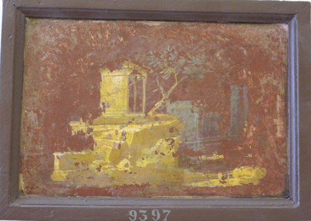 Stabiae, Villa Arianna, found 26th July 1759. Room W.26? 
Wall painting of landscape, temple with columns at the front, tree at base of temple and a boat sails in front of the temple.
Now in Naples Archaeological Museum. Inventory number 9397.
See Sampaolo V. and Bragantini I., Eds, 2009. La Pittura Pompeiana. Electa: Verona, p. 454-5.

