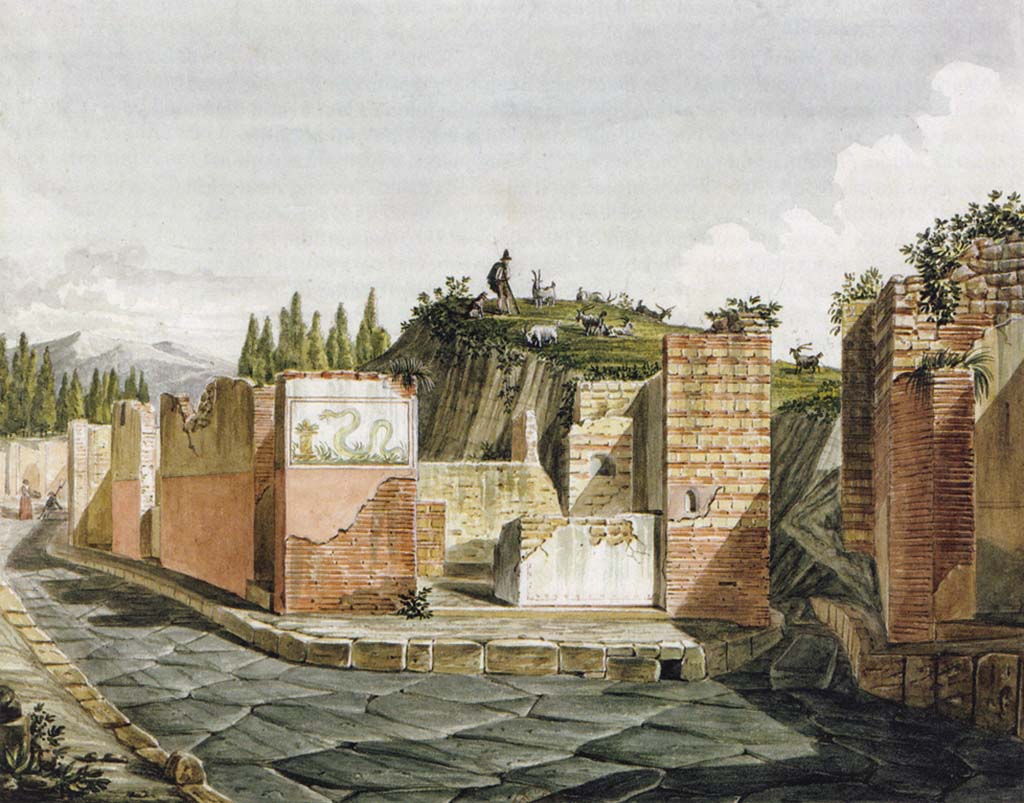 Pompeii Street Shrine at VI.4.1. 1824 painting showing faade and shrine painting showing less remaining plaster than the painting of Fumagalli.
Mazois painting titled Autel dans un carrefour, et vue d'une rue.
Foto Taylor Lauritsen, ERC Grant 681269 DCOR.
See Mazois, F., 1824. Les Ruines de Pompei : Second Partie. Paris : Firmin Didot. (Pla. 6, fig. 2).



