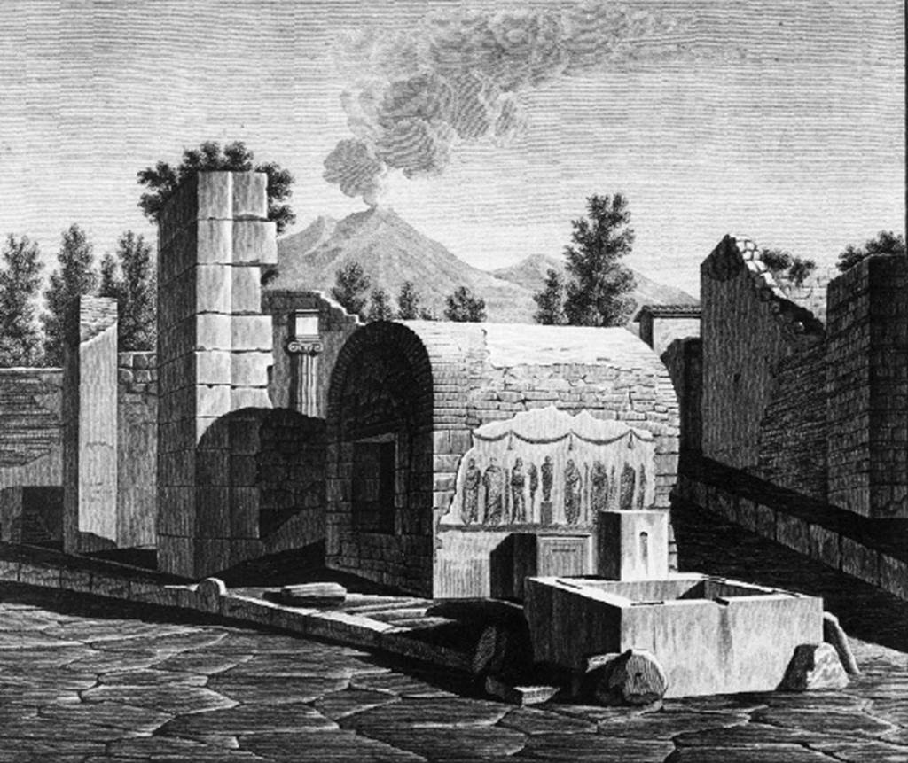 Pompeii. Street altar at VI.1.19. 1824. Drawing of fountain and deep well with altar and lararium painting. See Mazois, F., 1824. Les Ruines de Pompei: Second Partie. Paris: Firmin Didot. (p. 37. Pl 2,1).